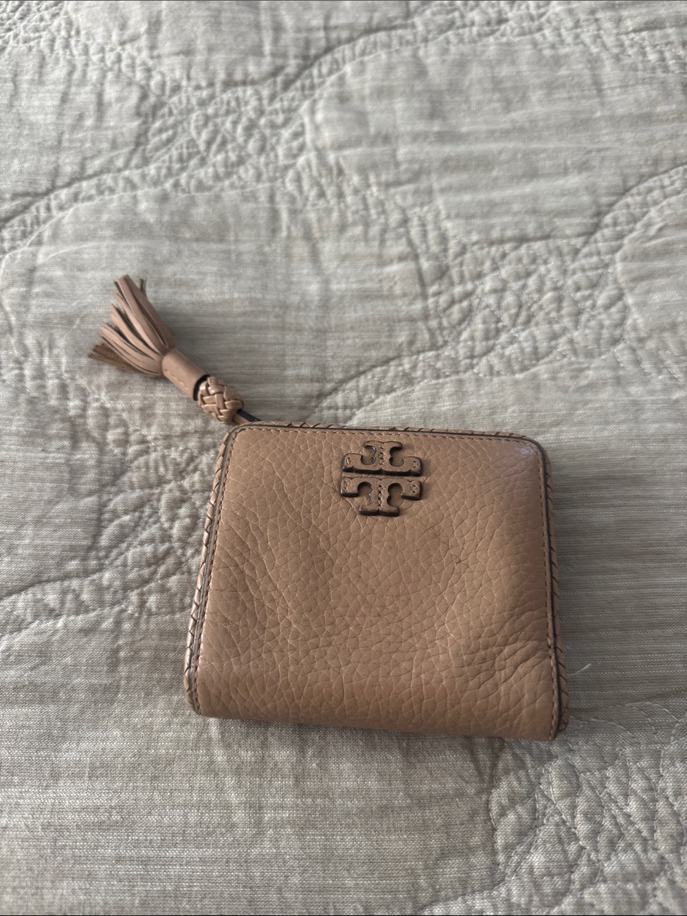 Tory Burch Pebbled Leather Zip Wallet in Tan with Tassel